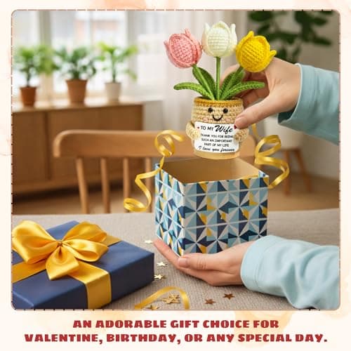 Christmas Mothers Day Birthday Gifts for Wife - 6.3'' x 2.56'' Positive Support Cotton Milk Wool Tulip Crochet Gifts for Wife from Husband - Wedding Anniversary Christmas Birthday Gifts B0FZTMTRK1