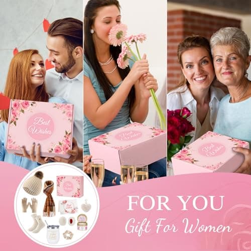 Patelai 11 Pcs Birthday Basket Gifts Set for Women Knitted Winter Beanie Hat Gloves Scarf Earmuff Tumbler Candle Fleece Socks