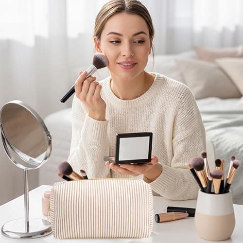 Makeup Bags Women Pouch, Large Preppy Storage Toiletry Travel Pouch for Wedding Bridesmaid Bride Favor Back to Teacher Gift Sanwuta 6 Pcs Seersucker Cosmetic Bags Bulk, Striped Zippered,Khaki B0FXMF4P4J