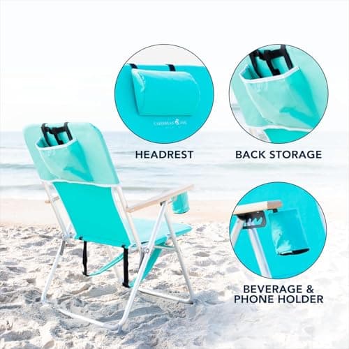CARIBBEAN JOE Folding Beach Chair, 4 Position Portable Backpack Foldable Camping Chair with Headrest, Cup Holder, and Wooden Armrests