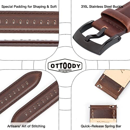OTTOODY Leather Watch Bands Quick Release, Elegant Top Grain Leather Watch Straps for Men & Women, Choice of Color & Width - 18mm, 19mm, 20mm, 21mm or 22mm Wristbands Bracelet for Watch & Smartwatch