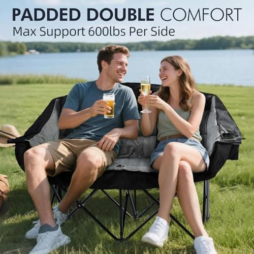 Double Camping Chair Loveseat - 2 Person Oversized Camping Couch for Adults Padded Heavy Duty Outdoor Lawn Beach Portable Folding Chairs with Cup Holders and Carry Bag Support 600lbs, Black/Grey