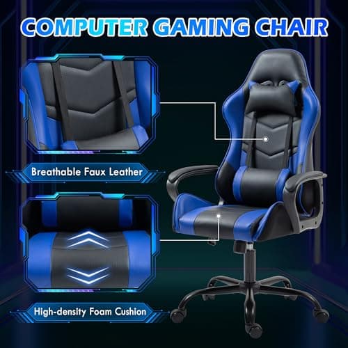 ECOTOUGE Gaming Chair, Ergonomic Video Game Chair with Massage Lumbar Support & Rocking High Back, 360° Swivel Computer Gamer Chair for Gaming or Office, Height Adjustable, Blue