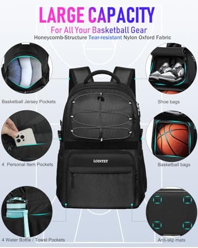 LOINTET Basketball Bag Backpack with Ball Holder Shoes Compartment, Large Basketball Accessories Sports Bag