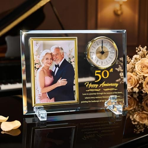 Dxaeqr 50th Wedding Anniversary Keepsake for Couples, Crystal Glass Photo Frame Clock, Golden Anniversary Present for Parents Grandparents Wife Husband, Holds 4x6 Photo B0G6WN24TD