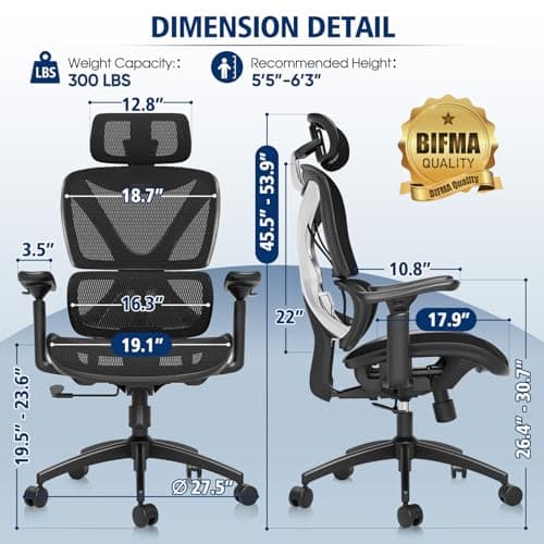 GABRYLLY Ergonomic Office Chair, Big and Tall Mesh Chair with Lumbar Support, 3D armrest - 215° Rotation, Adjustable Headrest & Soft Seat, Durable Computer Chair 350LBS for Work Gaming