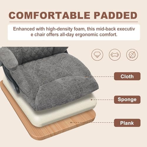 Cloth Office Chair Mid Back Ergonomic Computer Chair Comfortable Fabric Padded Home Office Desk Chairs with Flip-up Arm Rest Adjustable Height Swivel Wheels for Short People Use | Grey