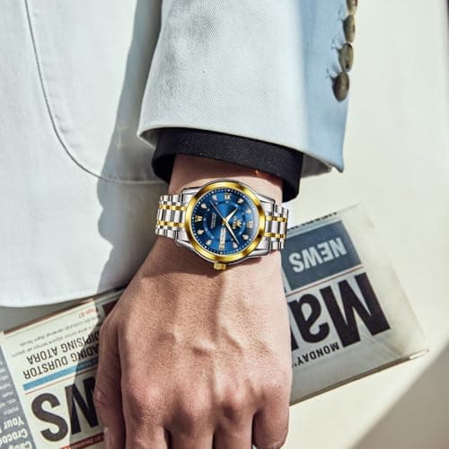 OLEVS Men's Stainless Steel Watch, Large Face Roman Numerals Diamond Accented Three-Hand Analog Quartz Watches for Men, Easy to Read Day Date Waterproof Luminous Mens Wristwatch