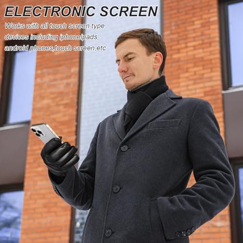 QOF Winter Genuine Leather Gloves for Men, Cashmere Warm Lined Finger Touchscreen Texting Driving Gloves