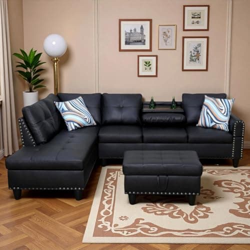 Trygoal Leather 3-Piece L-Shaped Couches for Living Room, Sectional Sofa with Storage Ottoman & Movable Chaise, Modular Convertible Couch for Bedroom & Apartment, Deep Black