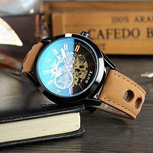GLEIM Gute Mens Watches, Mechanical Skeleton Automatic Self-Winding Steampunk Watch for Men, Casual Clock Brown Leather Wrist Watch
