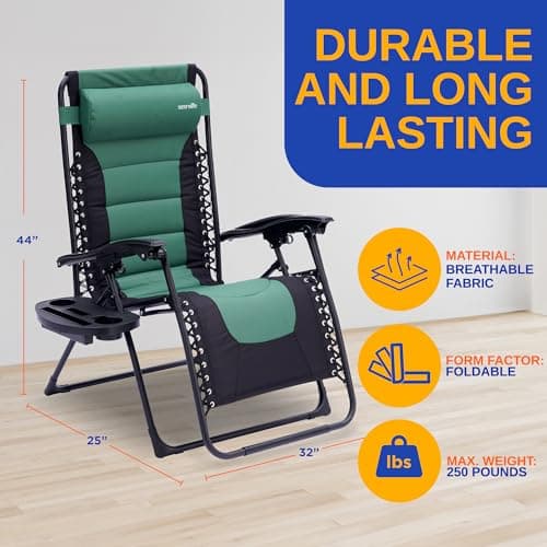 SereneLife Oversized Padded Zero Gravity Lounge Chair, Foldable Outdoor Patio Recliner, Anti Gravity Lawn Recliner with Cup Holder and Side Table for Backyard, Camping, Beach or Outdoor Relaxation
