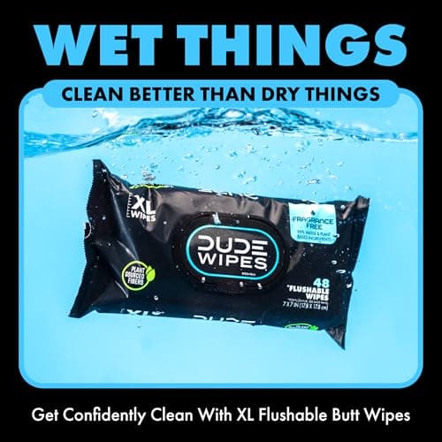 DUDE Wipes Wipes - Flushable Wipes - 6 Pack, 288 Wipes - Unscented Extra-Large Adult Wet Wipes - Vitamin-E & Aloe - Septic and Sewer Safe
