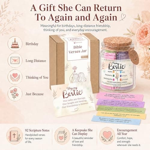 Bestie Bible Verses Jar – Birthday Gifts for Friends, Graduation Gifts for Bestie, Color Coded Bible Verses, Faith Based Friendship Gift for Women B0FF54MWMG