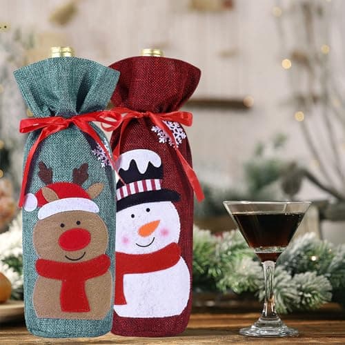 4pcs Christmas Wine Bottle Bags Burlap Wine Bottle Gift Bags with Drawstring, Reusable Santa Claus, Snowman & Reindeer Drawstring Covers for Xmas New Year Party Table Decoration