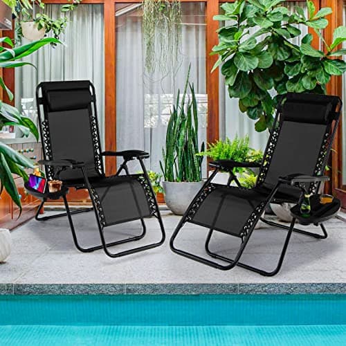 Goplus Zero Gravity Lounge Chairs, 160°Adjustable Folding Recliner w/Pillow and Cup Holder, 350LBS Comfy Outdoor Lounge Chairs for Patio, Lawn, Yard & Camp(1, Black)