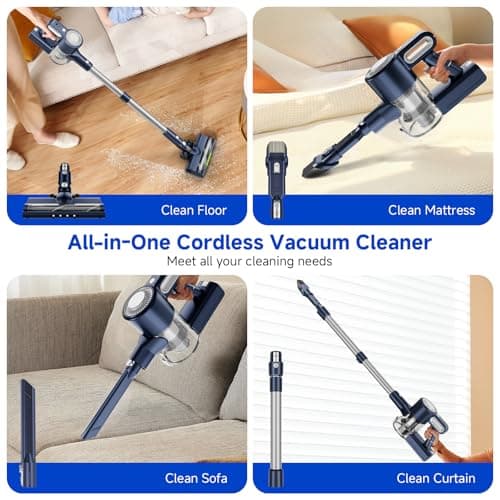 Cordless Vacuum Cleaner, Powerful Suction Vacuum Cleaners for Home, Anti-Tangle Pet Hair Brush, Lightweight, Self-Standing, Green LED Headlight, 6-in-1 Stick Vacuum for Carpet Hardwood Floor-Dark Blue