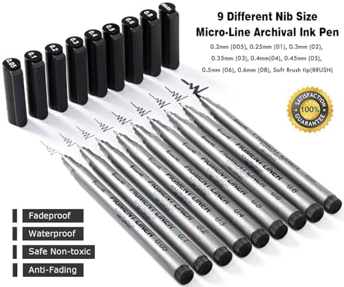 Brusarth Precision Black Micro-Pen Fineliner Ink Pens, Waterproof Archival Ink, Drawing Pen, Artist Illustration Pens, Multiliner, for Art Watercolor, Sketching, Anime, Manga, Design, 9/Set(Black)