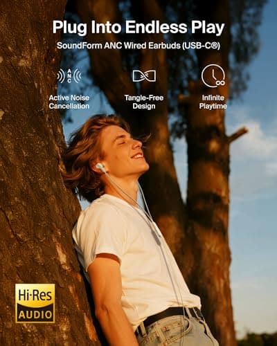 Belkin SoundForm Active Noise Cancelling Earbuds Wired with USB C Connector, IPX5-Rated, in-Ear Earphones w/Microphone for iPhone 17/16/15, iPad mini, Galaxy S25, Google Pixel 10, & More - White