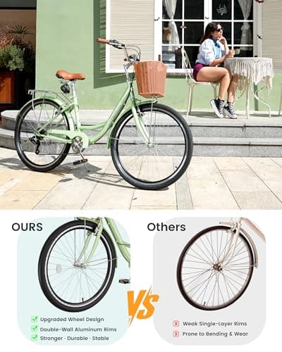 MOONCOOL Womens Bike 7 Speed, 24 26 inch Beach Cruiser Bikes for Women, Step Through Adult Bicycle with Front Basket for City Commuting