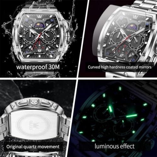 OLEVS Watches for Men Analog Quartz Luxury Diamond Waterproof Chronograph Stainless Steel Big Face Square Date Moon Phase Roman Numeral Dress Watch for Men