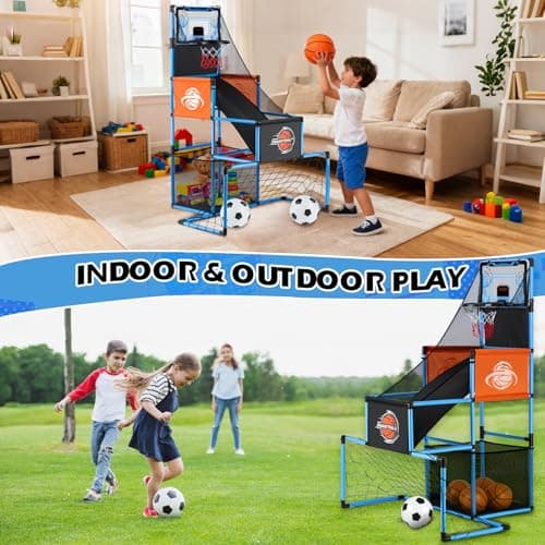 2 in 1 Basketball Arcade Game & Soccer Goal for Kids, Adjustable Kid Basketball Hoop with 6 Balls and Pump, Indoor Outdoor Games for Kid Toys for 3-12 Year Old Kids Birthday Gifts for Boys Girls