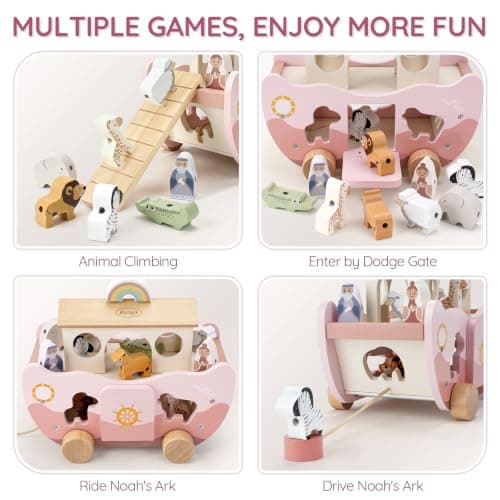 Montessori Educational Toy, Animal Shape Sorter, Christian Toys for Toddler Boy 1-3 Years Old, Christmas Birthday Gift Joyreal Pink Wooden Noah's Ark Toy for 1 Year Old Baby Girl Baptism Gifts B0GCYH2DBZ