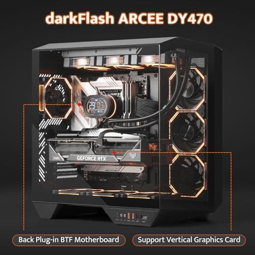 darkFlash Full-Tower ATX Gaming PC Case, Vertical GPU Mounting, Back Plug-in Motherboard, Dual-Chamber, Panoramic Glass, Up to 2 x 360mm Radiators, RTX 40 Compatible(DY470) (1 PWM ARGB Fans, Black)