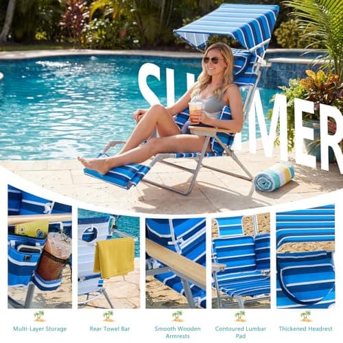 Oversized Beach Chair for Adults,5 Position Adjustable Tanning Chair with Sun Canopy,Folding Reclining Lounge Chir with Face Holes,Backpack Portable for Patio Pool Camping (Blue-White,Medium)