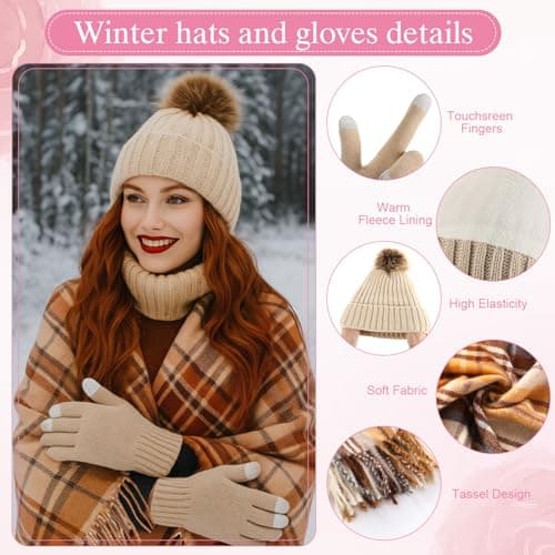 Patelai 11 Pcs Birthday Basket Gifts Set for Women Knitted Winter Beanie Hat Gloves Scarf Earmuff Tumbler Candle Fleece Socks