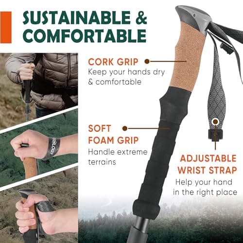 TREKOLOGY Trek-Z Cork Grip Trekking Poles – Lightweight Folding Hiking Poles, Adjustable Height, Compact Travel Design, Aircraft-Grade Aluminum Walking Sticks for Men & Women