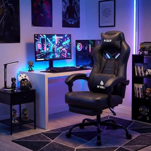 N-GEN GAMING Video Gaming Chair Big and Tall Office Computer Desk Chairs with Ergonomic Lumbar Support High Back Recliner and Footrest for Adults (Black)