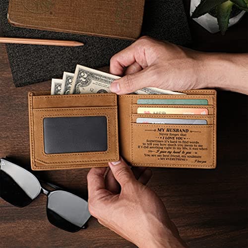 DOPTIKA Minimalist Brown Leather RFID Protected Bi-Fold Wallet for Men, Husbands