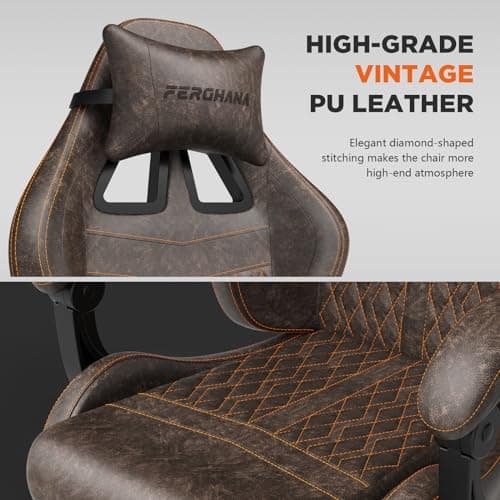 Ferghana Vintage PU Leather Gaming Chair, Ergonomic Gamer Chair with Massage, High Back Computer Office Chair with Footrest for Adults, Racing Style Reclining Video Game Chair (Brown)