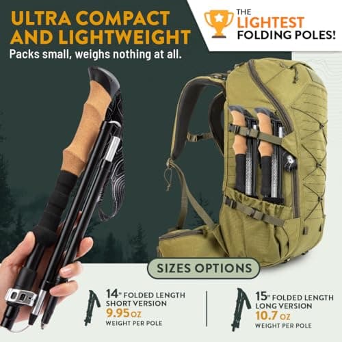 Premium Foldable Hiking Poles by USA Brand - Adjustable, Lightweight Trekking Poles Made of Aircraft Aluminum, Metal Flip Locks & Comfortable Real Cork and EVA Foam Grips