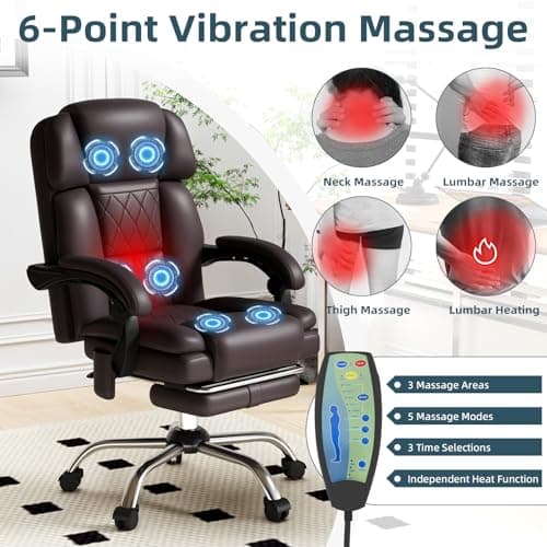 HOMREST 6-Point Massage Office Chair with Heat, Ergonomic Reclining Desk Chair with Footrest, PU Leather Executive Chairs for Home Office, Massaging Computer Chair Gift for Men, Brown