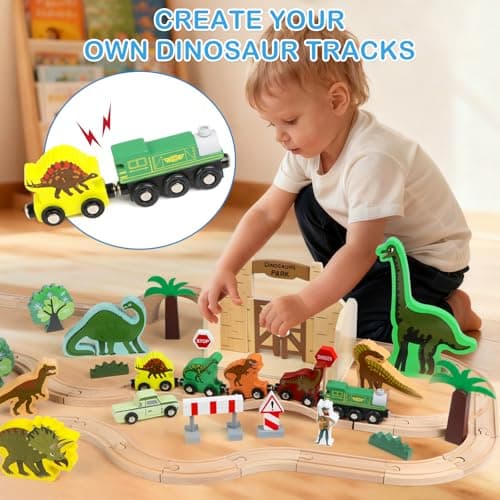 Wooden Train Set, Dinosaur Toys for Kids 3-5, Compatible with Major Brands, STEM Railway Playset, Ideal Wooden Train Track Set for 3 4 5 6 7 8 Year Old Kids Boy Girl