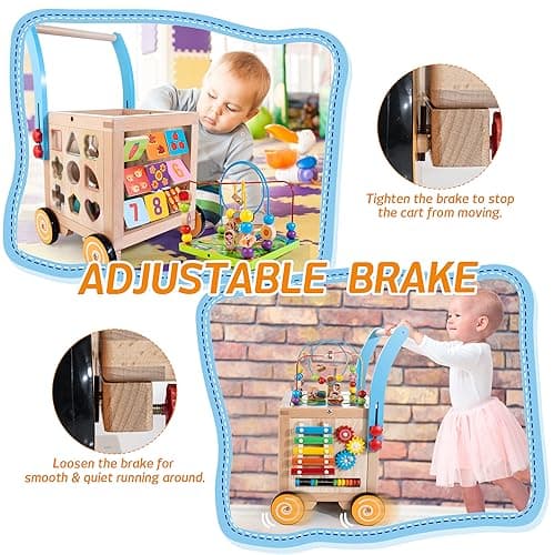 Wooden Baby Walker | Baby Push Walker with 9-in-1 Activity Cube, Sit to Stand Learning Walker Toy with Wheels for Boys Girls, Montessori Activity Center Walker, Adjustable Speed & Height