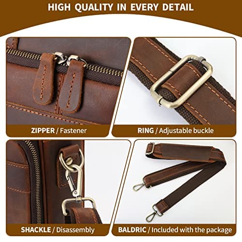 Jack&Chris Full Grain Leather Briefcase for Men, Business Messenger Bag Laptop Bag Attache Case, Fits 15.6 Inch Laptop