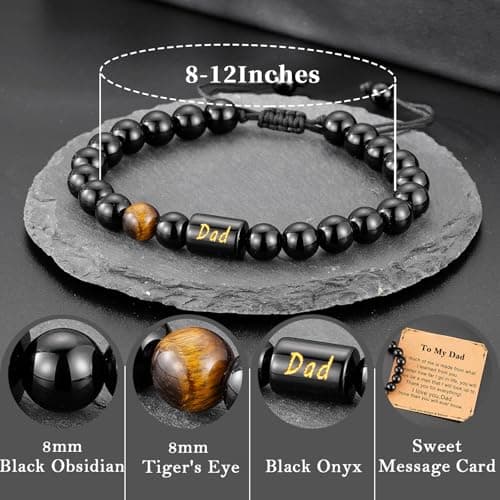 Gifts for Papa Dad New Dad Grandpa, Handmade Braided Rope Bracelet Natural Black Onyx Black Obsidian Tiger Eye Stone Beads Fathers Day Birthday Jewelry Gifts for Men B0H28WK6TZ