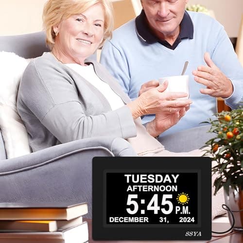 SSYA 7 Inch Calendar Clock - 12 Alarm Options, Level 5 Auto Dimmable Display,Extra Large Impaired Vision Digital Clock with Non-Abbreviated Day & Month (Black)