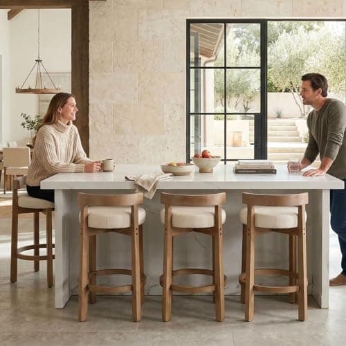 LukeAlon Mid Century Linen Counter Stools Set of 3, Upholstered 26.5" Seat Height Low Barstools with Natural Wood Legs Round Low Back Kitchen Stools with Footrest for Dining Room, Beige