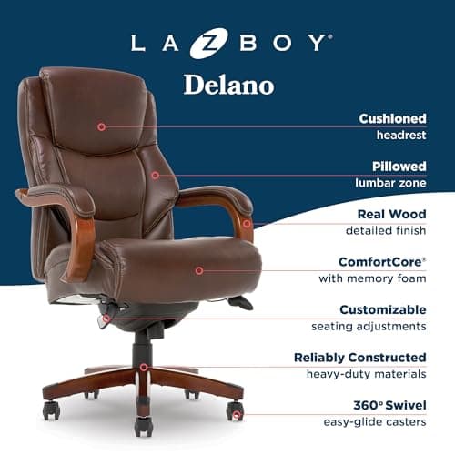 La-Z-Boy Delano Big and Tall Executive Office Chair - Ergonomic Lumbar Support Memory Foam - Bonded Leather Desk Chair for Home Office - Mahogany Wood Arms - Chestnut Brown