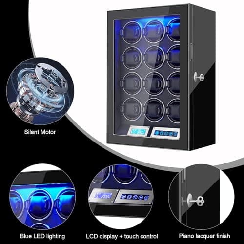 Watch Winders for 6/9/12 Slots Automatic Watches,Ultra-Quiet Japanese Motors, Built-in LED Illumination,LCD Display,Touchscreen Control