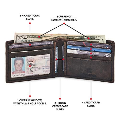 Wise Owl Accessories Real Leather Mens Bifold Wallet RFID Blocking Slim Minimalist Front Pocket - Thin & Stylish with ID Window in Gift Box (Crazy Horse, Coffee)