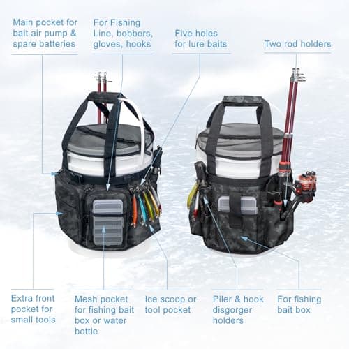 WTVIDAS Fishing Bucket Organizer with Bucket Cover, Ice Fishing Tackle Bag with Rod & Plier Holder, Multi-Pockets for 5 Gallon Bucket Fishing Gear & Accessories