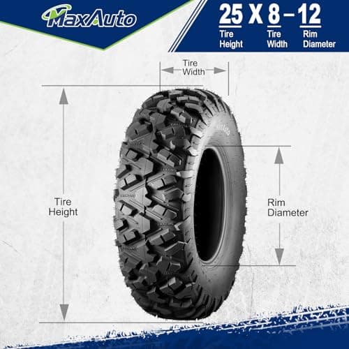 MaxAuto Set of 4 AT25x8-12 & AT25x10-12 ATV UTV Mud Sand Tires,25x8x12 Front & 25x10x12 Rear All-Terrain Off-Road Tires,6 PR, Tubeless,4 Pack in 2 Packages