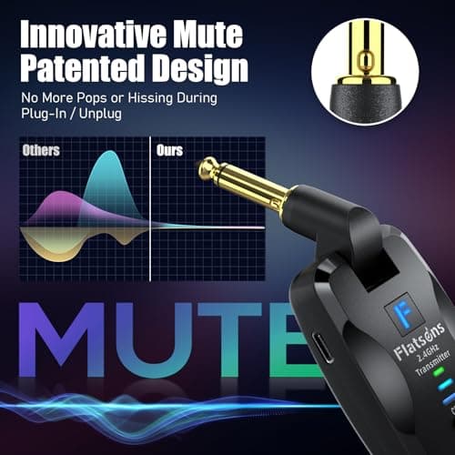 FW2D Wireless Guitar System Exclusive Mute Plug, 2.4 GHz Wireless Guitar Transmitter Receiver, 10H Working Cordless Guitar Transmitter Rechargeable USB C for Acoustic Electric Guitar Bass Ukulele etc