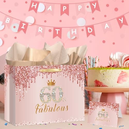 Yoirrat Rose Gold 60th Birthday Gift Bag for Women 60 & Fabulous Large Pink Happy 60th Birthday Gift Bag with Wrapping Paper and Card for 60th Bday Decorations Party Supplies