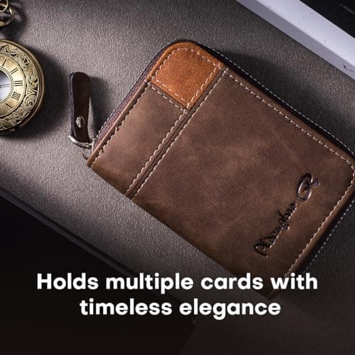 Lubsmuns RFID Card Holder, Slim RFID Blocking Card Wallet, Leather Zipper Credit Card Holder Gift for Men Women (Brown), Brown, slim, Minimalist